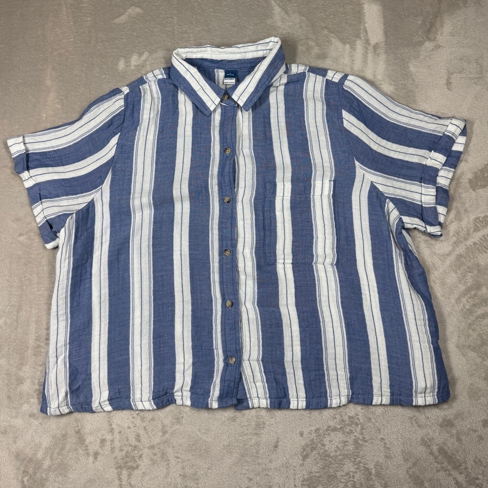 NWT Old Navy 100% Cotton Blue White Stripe Button Front Collared Shirt Large P
